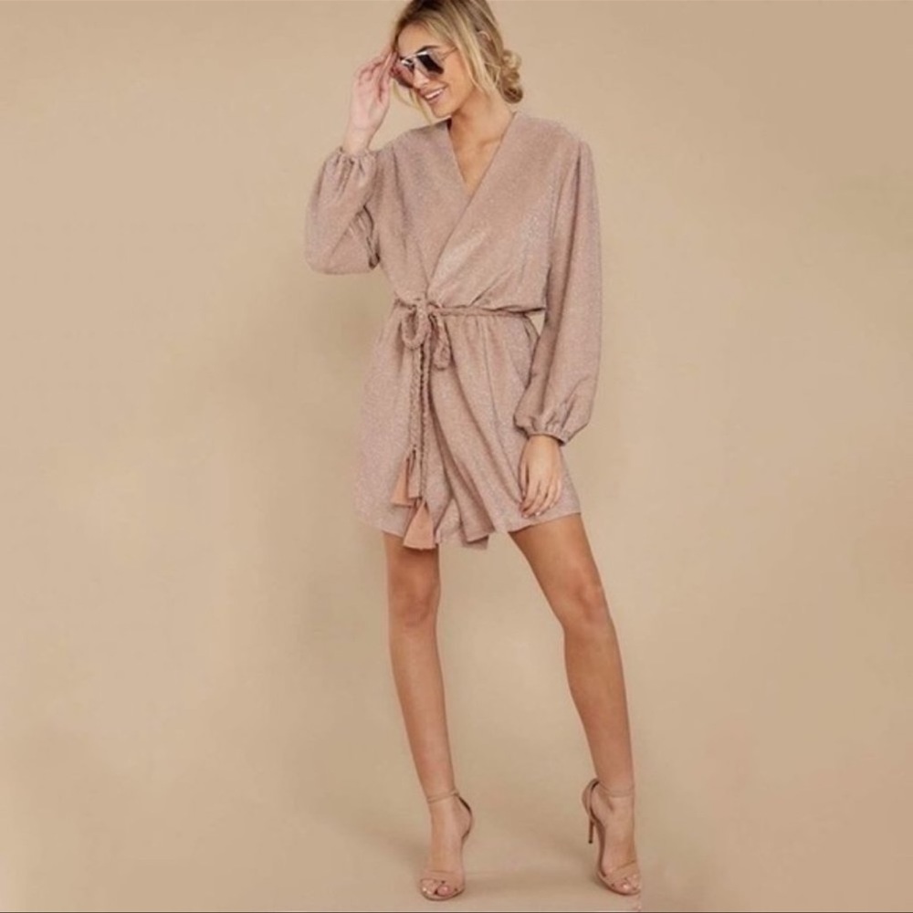 STORIA PINK SHIMMER LONG SLEEVE WRAP DRESS SZ S
